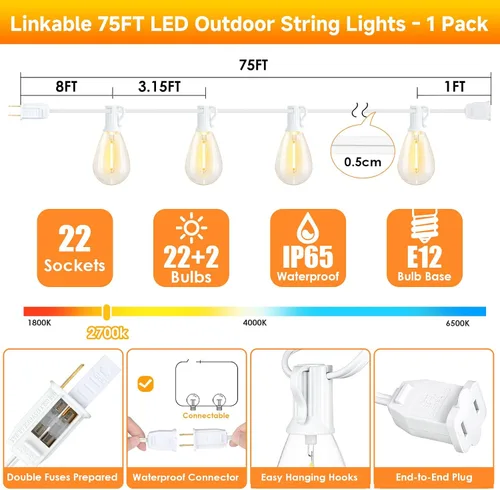Vista 4 de Larkvue Tira de luces LED S11 de 75 pies para exteriores, luz regulable para patio, con 22+2 bombillas Edison de 2700 K impermeables, inastillables