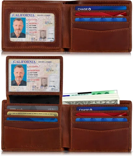 Vista 17 de SERMAN BRANDS Billetera de piel con 2 ventanas de identificación para hombre, con bloqueo RFID, doble tapa superior, billetera de viaje de capacidad