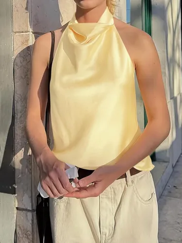 Vista 2 de Cicy Bell Camiseta de satén con cuello halter para mujer, sin espalda, Y2K Amarillo
