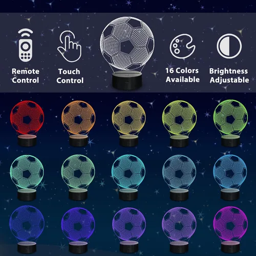 Vista 2 de Lampeez Luces nocturnas de fútbol para niños, luces de fútbol con ilusión 3D, 16 LED, control remoto, cambio de color, lámparas de escritorio