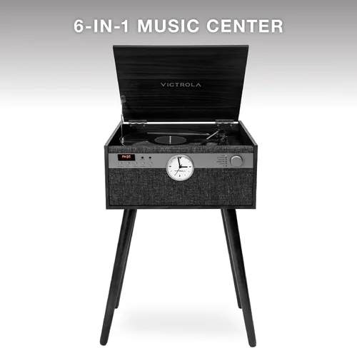 Vista 2 de Victrola Century Signature+ - Tocadiscos 6 en 1, color negro 6-in-1 plays vinyl, CD, cassette and aux, analog clock, 18" legs included