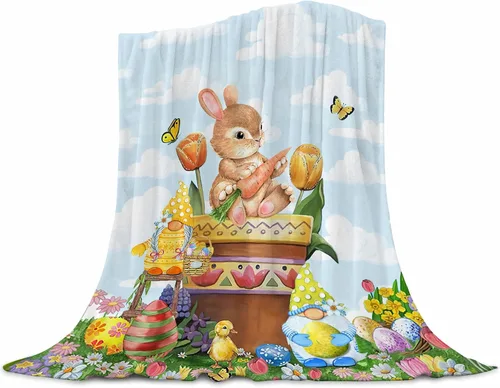Vista 9 de Manta de Pascua para niños, cálida manta de vellón de felpa de franela, manta de cama con cola de conejo, huevos de Pascua, conejo, flores