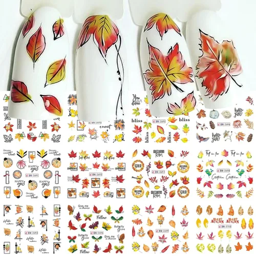 Vista 7 de 12 calcomanías de uñas de otoño, calcomanías de agua de hoja de arce, día de Acción de Gracias, marca de agua, hojas, línea, letra, transferencia