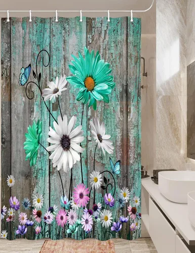 Vista 8 de Cortina de ducha rústica con diseño floral, cortina de ducha rústica con margaritas, cortina de ducha de madera rústica con ganchos, 36 x 72 Verde