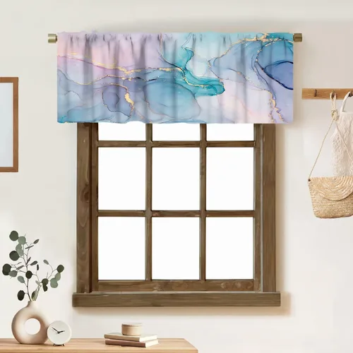 Vista 34 de Cortina de cenefa de mármol verde con venas doradas de mármol negro, diseño abstracto de lujo, elegante cenefa con bolsillo para barra, 1 panel