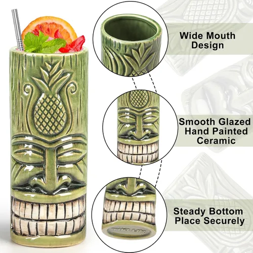 Vista 5 de SuproBarware Tiki - Juego de 2 tazas de cerámica para fiestas con pajitas, juego de tazas creativas grandes hawaianas grandes para bar