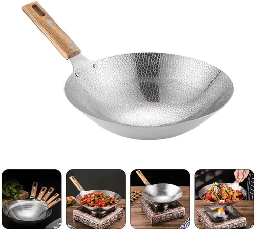 Vista 4 de Luxshiny Wok de acero inoxidable de 13.38 pulgadas con mango de madera, sartén de cocina para el hogar para freír vapor y olla caliente utensilios