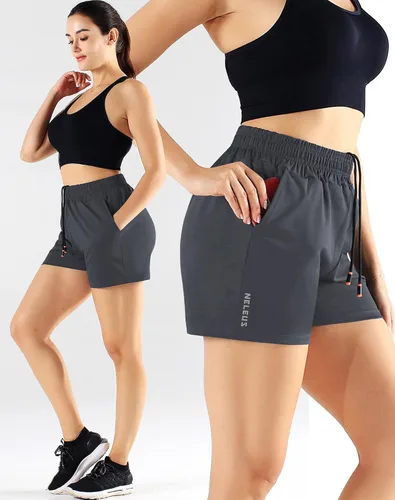 Vista 4 de NELEUS Pantalones cortos de correr ligeros para mujer, pantalones cortos atléticos de entrenamiento para yoga con bolsillo
