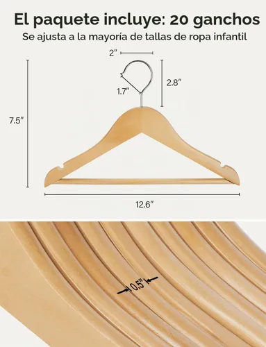 Vista 6 de StorageWorks Perchas para bebé, paquete de 20 unidades, organizador de ropa de madera de arce para niños, colgador de madera con barra para Beige