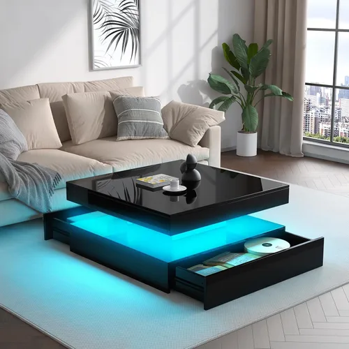 Vista 8 de FKWin Mesa de salón negra – Mesa de centro LED con luces, mesa de centro negra moderna contemporánea, mesa central cuadrada de superficie de alto