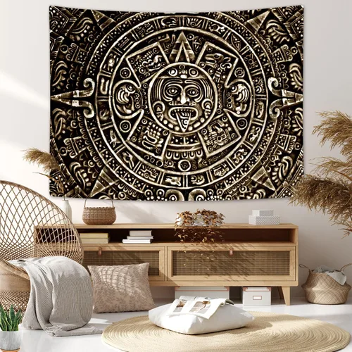 Vista 3 de Tapiz maya azteca para colgar en la pared, vista cercana de la historia del antiguo calendario azteca de la civilización maya, decoración artística