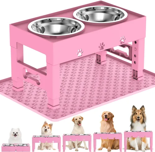 Vista 9 de LAKIPETN Tazones elevados para perros con 2 cuencos de acero inoxidable, soporte elevado para comida para perros, 5 alturas ajustables
