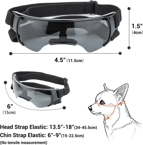 Vista 4 de Gafas de sol para perros pequeños con correas ajustables, lentes de sol anti-UV para perros, resistentes al viento, protección ocular para razas