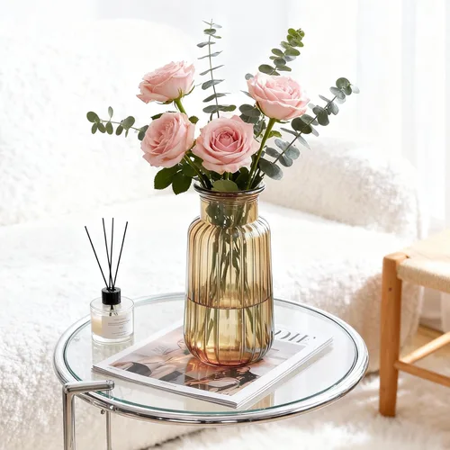 Vista 3 de Jarrón de cristal ámbar, florero acanalado de 8.7 pulgadas de alto para ramo, centro de mesa, decoración de mesa de comedor, jarrones transparentes