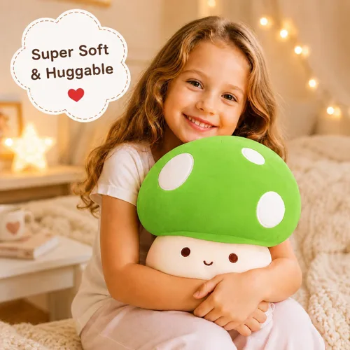 Vista 8 de Almohada de felpa de hongos verdes de 14 pulgadas, bonita decoración de hongos grandes, peluche de peluche, juguete suave regalo para niñas, niños