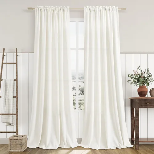 Vista 67 de Cortinas de lino verde aguamarina de 84 pulgadas de largo, juego de 2 paneles semitransparentes con bolsillo para barra para comedor, decoración