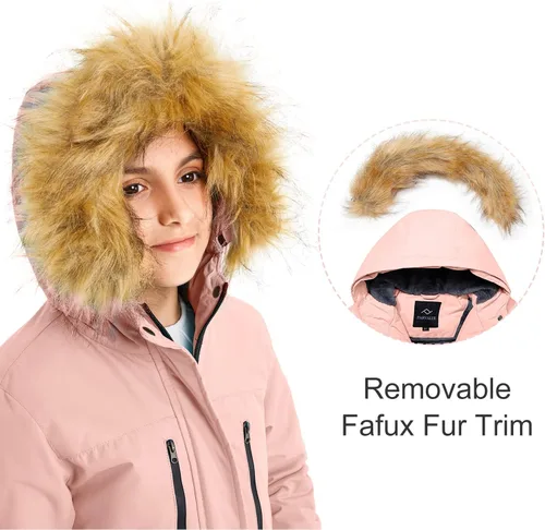 Vista 5 de FARVALUE Chaqueta de esquí impermeable para niñas, abrigo de invierno resistente al viento, abrigo de forro polar cálido para nieve, impermeables