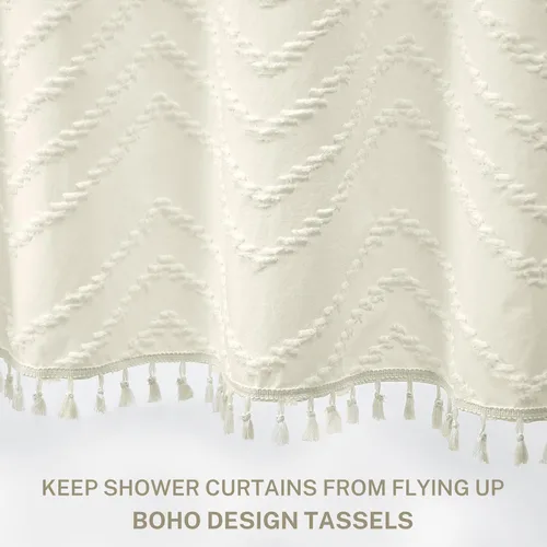 Vista 140 de Cortina de ducha Siiluminisoy de 36x72 beige, cortina de ducha de tela de tamaño pequeño, cortinas de ducha de tela con tufting, diseño chevron a