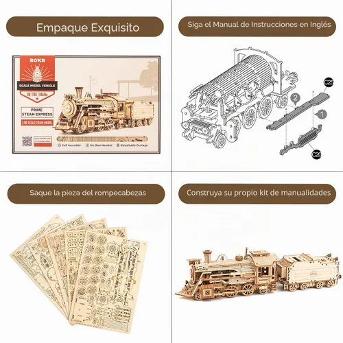 Vista 4 de ROKR Rompecabezas de madera 3D para adultos - Kits de modelo de tren mecánico - Rompecabezas para ejercitar el cerebro - Kits de construcción
