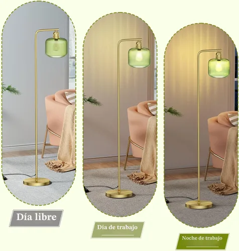 Vista 2 de Lámpara de pie de cristal para sala de estar, moderna lámpara de pie con pantalla de vidrio acanalado verde e interruptor de pedal, lámpara de pie