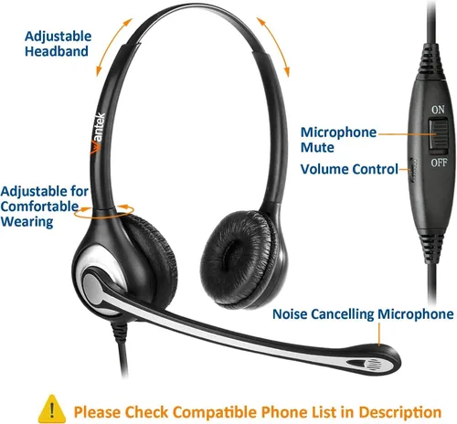 Vista 2 de Wantek audífonos de diadema con cable para teléfono con cancelación de ruidos. micrófono para ShoreTel Plantronics, Polycom, Zultys, Toshiba, NEC
