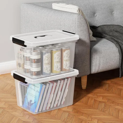 Vista 4 de Caja de almacenamiento transparente de 22 L con asas, contenedor de plástico con tapa de cierre, paquete de 4