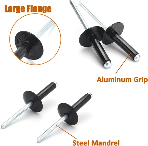 Vista 2 de ISPINNER 100 remaches ciegos de aluminio con brida grande de 3/16 x 1 pulgada, remaches pop agarre agarre 0.709-0.787 in (negro)