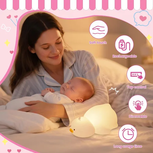 Vista 5 de Luz nocturna para niños, luz nocturna LED de silicona regulable recargable con 7 colores, lámpara de noche para guardería de bebé, lámpara táctil