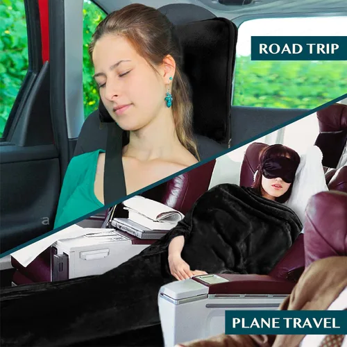 Vista 6 de PAVILIA Manta de viaje y almohada, manta de avión con apertura de brazos para adultos, manta compacta de avión con agujero para el brazo, bolsa 2