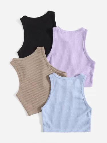 Vista 2 de SheIn 4 paquetes de camiseta corta sin mangas con cuello redondo para mujer