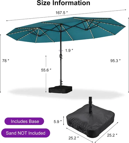 Vista 91 de PURPLE LEAF - Sombrilla de mercado de patio de 13 pies con base rectangular doble cara, sombrilla de mesa para exteriores con manivela, 12 varillas