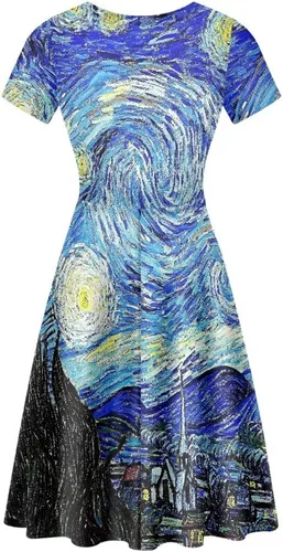 Vista 2 de GLUDEAR Vestido casual de verano con estampado 3D de Van Gogh de manga corta para mujer