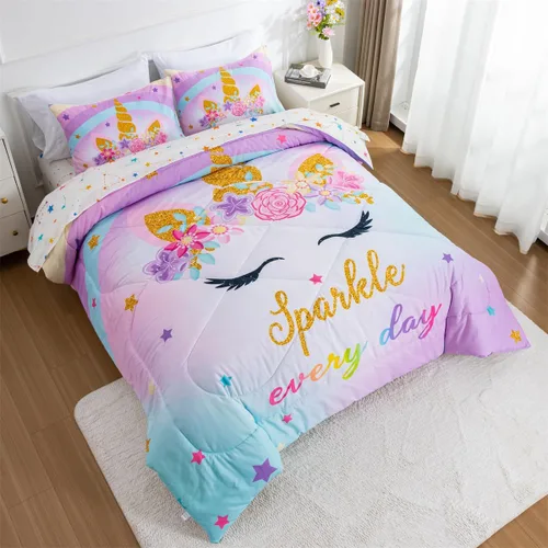 Vista 5 de NTBED Juego de edredón individual de unicornio con sábanas, juego de ropa de cama individual de 5 piezas para niñas, microfibra ligera, arcoíris