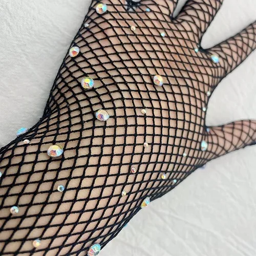 Vista 5 de Specell Womens Mesh Rhinestone Gloves Fishnet Sparkly Glitter Opera Highly Elastic Gloves Length 19" For Party Halloween Etc