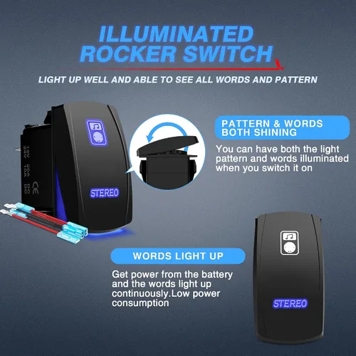 Vista 3 de MICTUNING LS083601JL - Kit de interruptor basculante estéreo láser, luz LED de encendido/apagado, 20A 12V, azul
