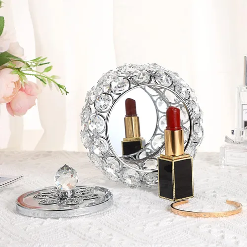 Vista 4 de Hipiwe Joyero de cristal con tapa de cristal, organizador pequeño de baratijas, caja de tesoro con espejo, soporte para anillos, aretes, collar