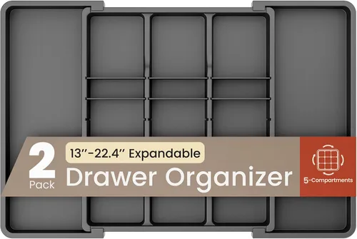 Vista 12 de Organizador de cajones de utensilios expandible negro, 1 paquete, ajustable de 13 a 22.4 pulgadas, organizador de cubiertos de 5 compartimentos