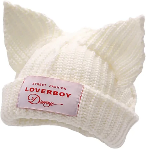 Vista 6 de Cat Ear Beanie Y2K Cute Knit Hat with Ears Warm Crochet Hat Skull Cap for Women Men Beige