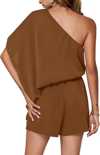 Vista 2 de Umenlele Blusa de manga de murciélago con un hombro para mujer, overol corto