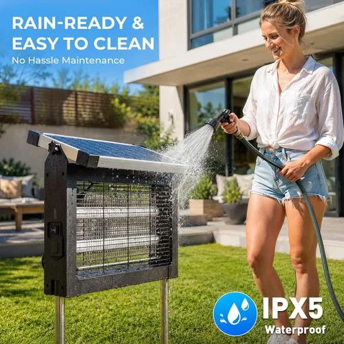 Vista 6 de Exterminador solar de insectos al aire libre, matamosquitos de 4500 V con Asesino de mosquitos eléctrico solar y USB de 10 W, modo automático, 3