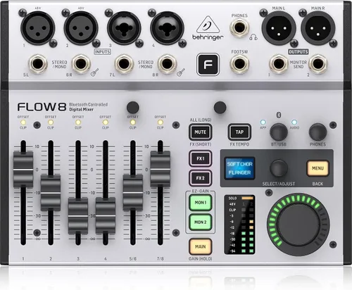 Vista 5 de Behringer FLOW 8 Mezclador Digital de 8 Entradas con Audio Bluetooth y Control de Aplicación, Faders de Canal de 60 mm, 2 Procesadores de FX e