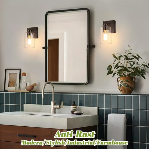 Vista 2 de VerRon Juego de 2 apliques de pared para baño, lámparas modernas de tocador, faroles de montaje de bronce cepillado al óleo, luces de pared