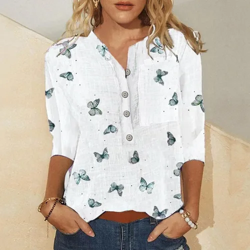 Vista 2 de Camiseta de media manga para mujer con estampado de lino y algodón casual CD141