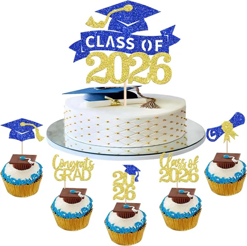 Vista 21 de Paquete de 24 adornos para cupcakes de clase de 2026 con purpurina 2026 para diploma de graduación 2026, selecciones para cupcakes para graduación