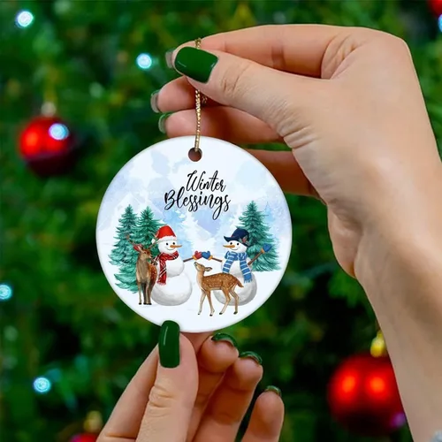 Vista 4 de Christmas Tree Ornaments Winter Blessings Christmas Ornament Keepsake Ornament Home Decor Forest Hanging Pendants Round Ceramic Xmas Ornaments