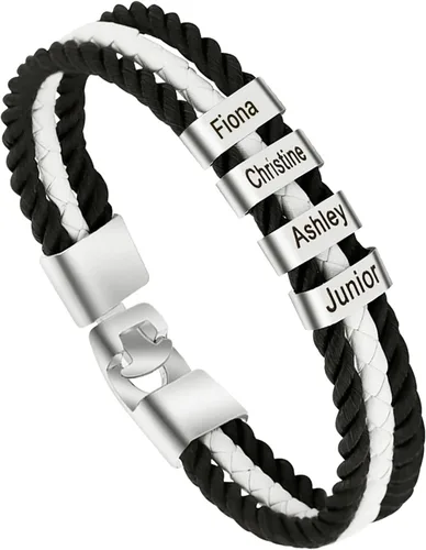 Vista 30 de Pulseras de cuero personalizadas para hombre con 1-6 nombres, pulsera trenzada personalizada con cuentas para papá, marido, día del padre, San