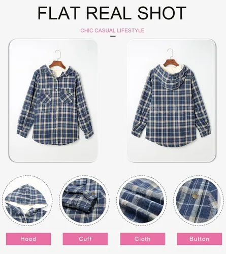 Vista 5 de Dokotoo - Chaqueta para mujer, manga larga, con botones y capucha, de vellón, cálida, a cuadros