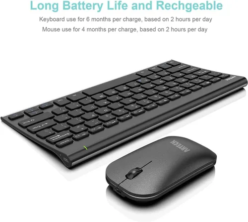 Vista 5 de Arteck Combo de teclado y mouse Bluetooth ultra compacto, delgado de acero inoxidable, tamaño completo y ratones ergonómicos