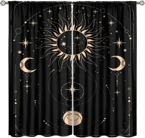 Vista 19 de Cortinas opacas con diseño de sol y luna, cuerpos celestes bohemios, con diseño de sol, luna y estrellas, para sala de estar, dormitorio, 42 x 45