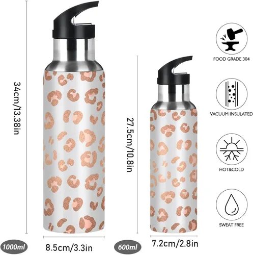 Vista 2 de Rose Gold Leopard Spots Stainless Steel Vacuum Insulated Water Bottle 20 Oz, BPA-Free Sports Water Bottle with Straw Leakproof Water Bottles